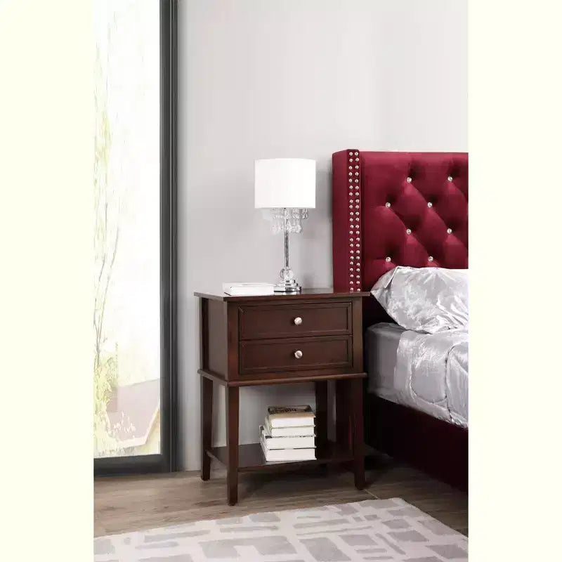 Comodino a 2 cassetti con ripiano aperto, giunzioni a coda di rondine, ferramenta in nichel, 56 cm L x 71 cm H