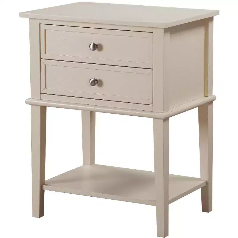 Comodino a 2 cassetti con ripiano aperto, giunzioni a coda di rondine, ferramenta in nichel, 56 cm L x 71 cm H