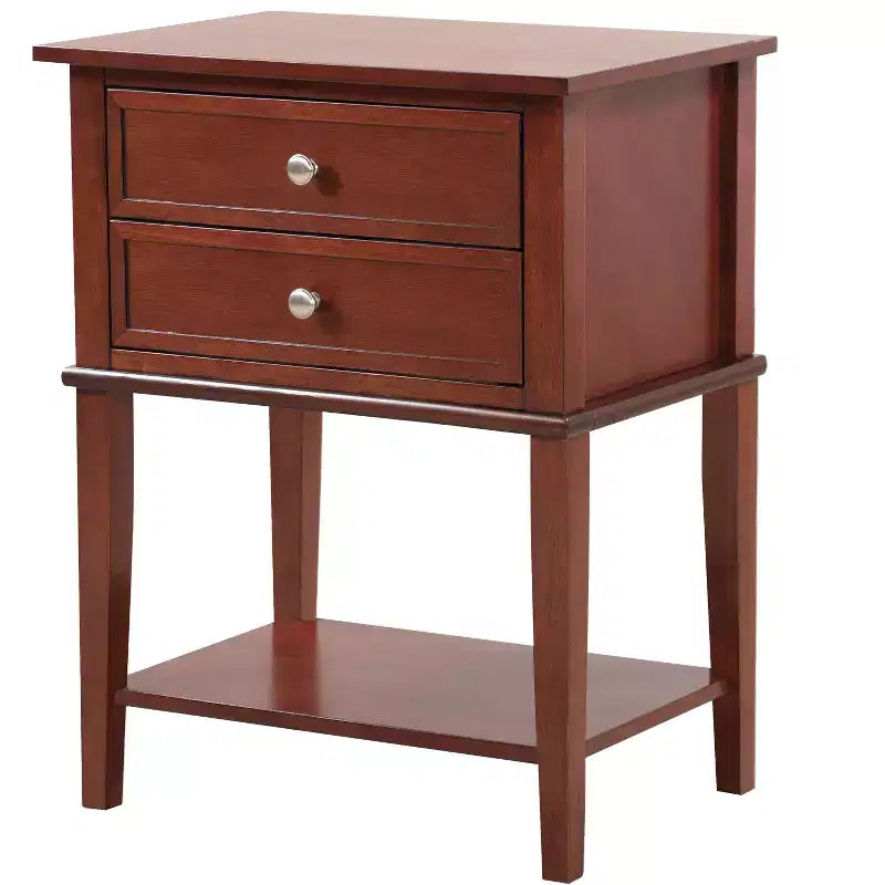 Comodino a 2 cassetti con ripiano aperto, giunzioni a coda di rondine, ferramenta in nichel, 56 cm L x 71 cm H