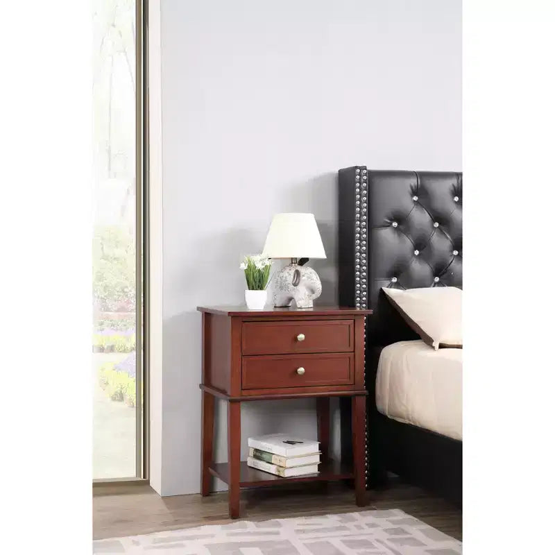 Comodino a 2 cassetti con ripiano aperto, giunzioni a coda di rondine, ferramenta in nichel, 56 cm L x 71 cm H