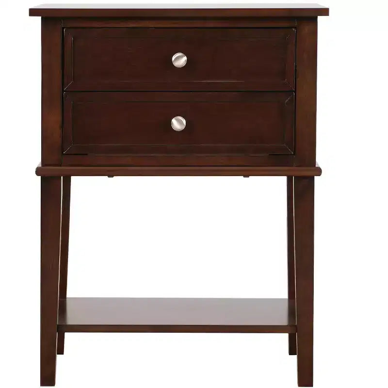 Comodino a 2 cassetti con ripiano aperto, giunzioni a coda di rondine, ferramenta in nichel, 56 cm L x 71 cm H