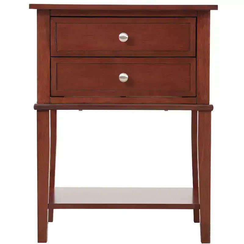 Comodino a 2 cassetti con ripiano aperto, giunzioni a coda di rondine, ferramenta in nichel, 56 cm L x 71 cm H