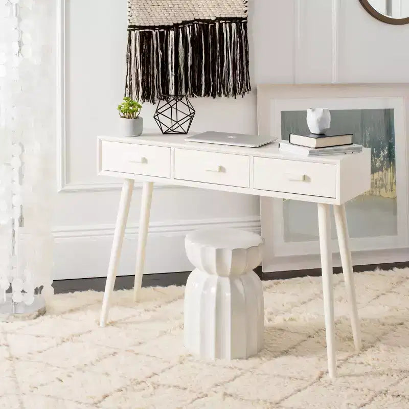Consolle Mid-Century 3 cassetti, telaio in pino bianco anticato, capacità 22,7 kg