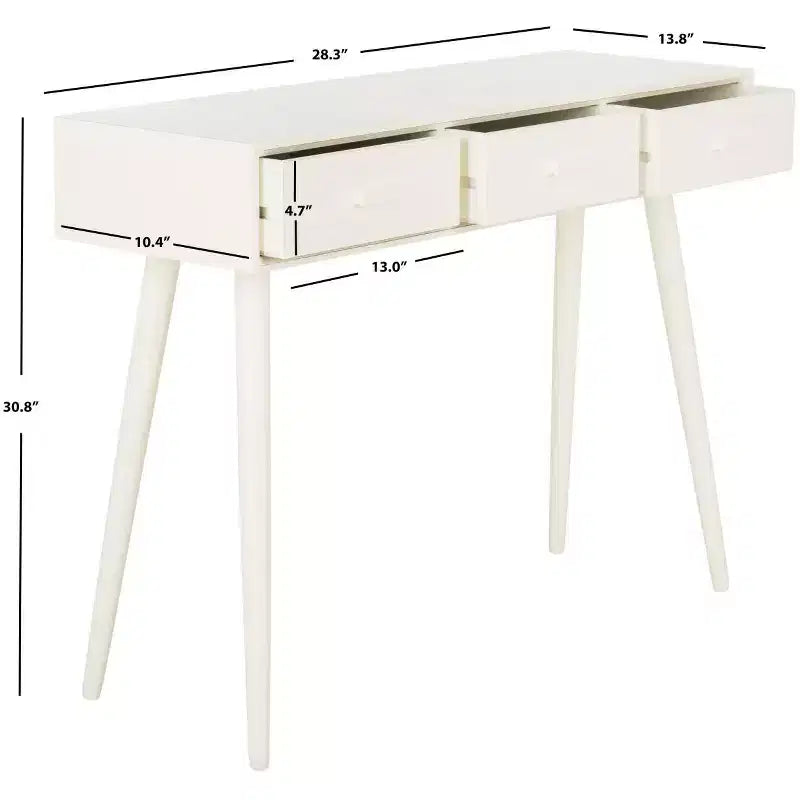Consolle Mid-Century 3 cassetti, telaio in pino bianco anticato, capacità 22,7 kg