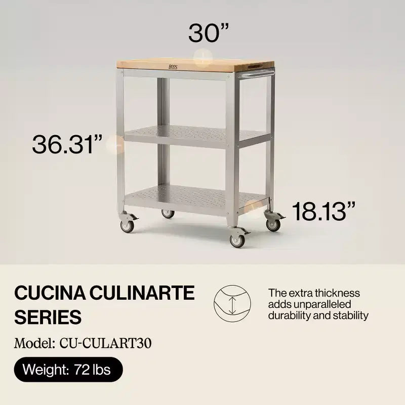Carrello da Cucina con Tagliere Reversibile in Acero Removibile e 2 Ripiani in Acciaio Inossidabile