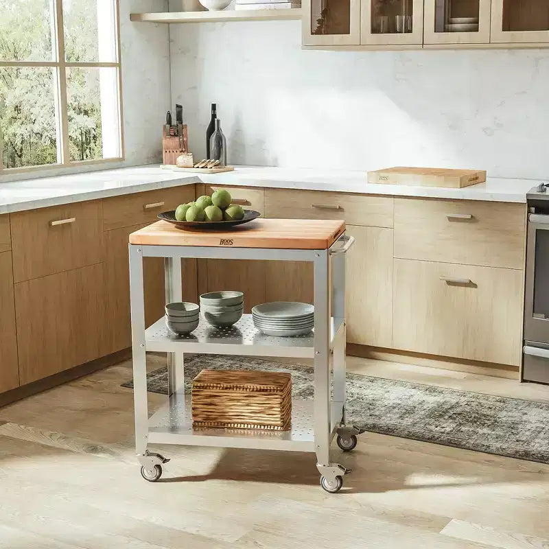 Carrello da Cucina con Tagliere Reversibile in Acero Removibile e 2 Ripiani in Acciaio Inossidabile