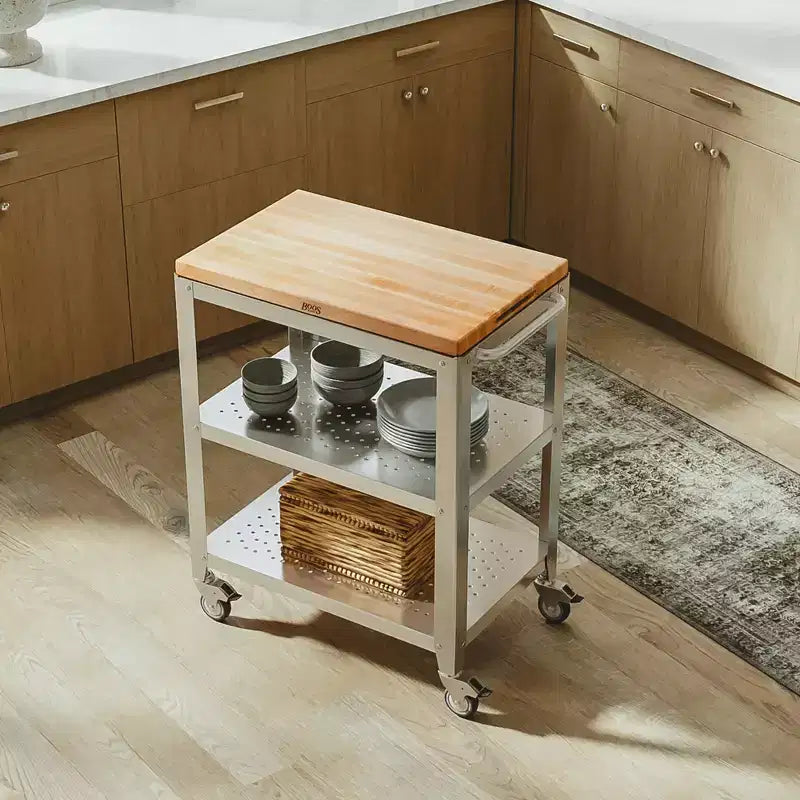 Carrello da Cucina con Tagliere Reversibile in Acero Removibile e 2 Ripiani in Acciaio Inossidabile