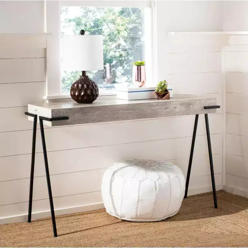 Consolle industriale con gambe a forcina, piano impiallacciato grigio, 120 cm P x 35 cm L x 75 cm A