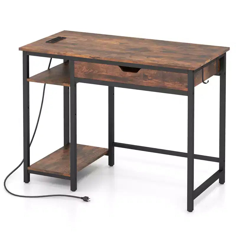 Scrivania per computer con prese di corrente, cassetto e ripiano regolabile, ganci per cuffie, superficie in MDF