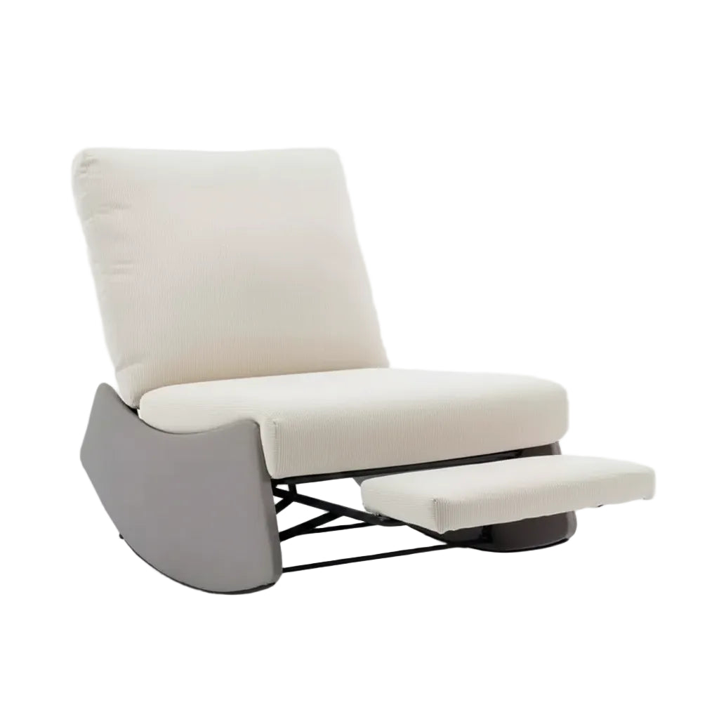 Poltrona a dondolo reclinabile moderna rivestita in velluto a coste con poggiapiedi, larghezza 63 cm, poltrona a dondolo da nursery