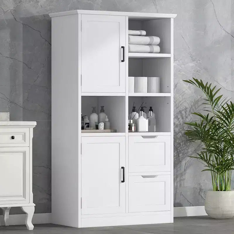 Armadietto da bagno a colonna alto 157 cm con cassetto e ripiano regolabile, in MDF bianco