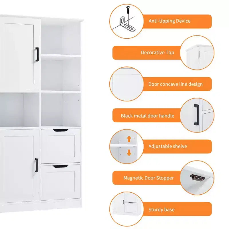 Armadietto da bagno a colonna alto 157 cm con cassetto e ripiano regolabile, in MDF bianco