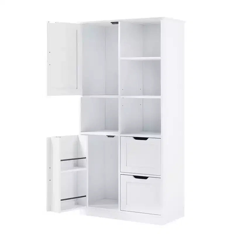 Armadietto da bagno a colonna alto 157 cm con cassetto e ripiano regolabile, in MDF bianco