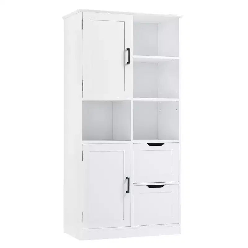 Armadietto da bagno a colonna alto 157 cm con cassetto e ripiano regolabile, in MDF bianco
