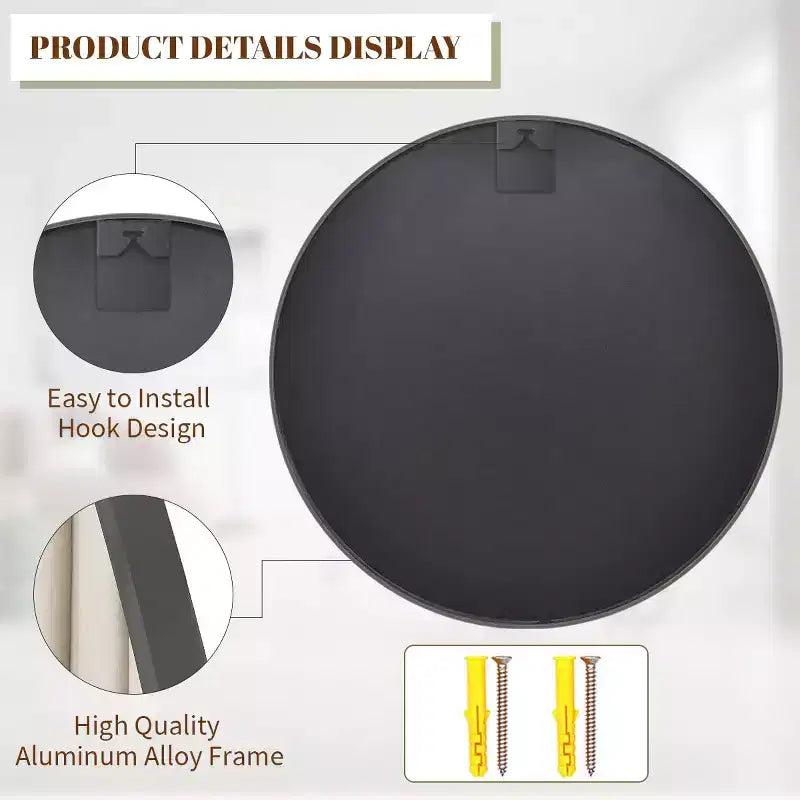 Specchio da Parete Decorativo Rotondo, Cornice in Alluminio Spazzolato Nero, 24/30 Pollici, Bagno Ingresso
