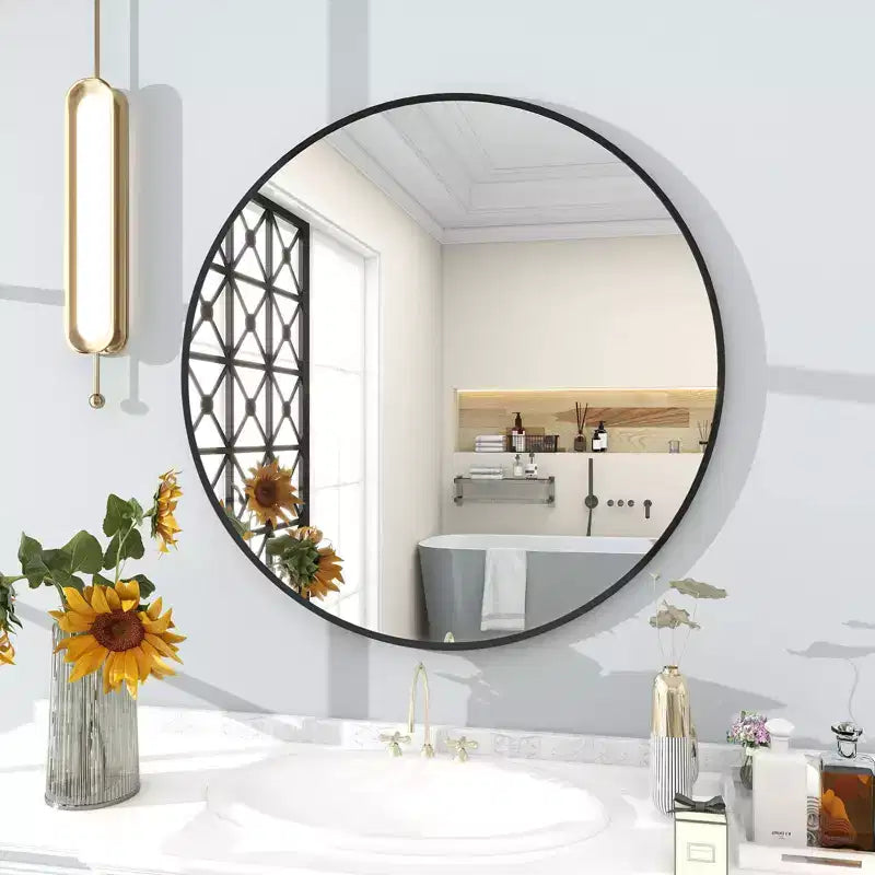 Specchio da Parete Decorativo Rotondo, Cornice in Alluminio Spazzolato Nero, 24/30 Pollici, Bagno Ingresso