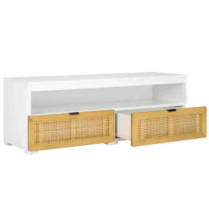 Mobile TV Media con 2 Cassetti Ripiano Aperto Pannelli in Rattan, Adatto a TV fino a 50", 120,65 cm L x 43,18 cm H