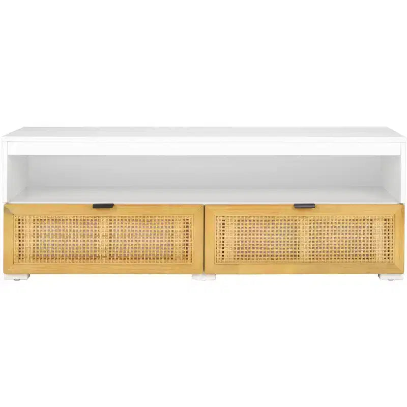 Mobile TV Media con 2 Cassetti Ripiano Aperto Pannelli in Rattan, Adatto a TV fino a 50", 120,65 cm L x 43,18 cm H