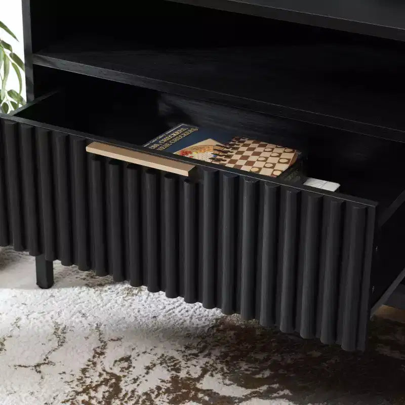 Mobile TV, Credenza Multimediale con 2 Cassetti, 2 Ripiani e Dettagli Scanalati, Noce, Adatto a TV fino a 65", 60.4"L