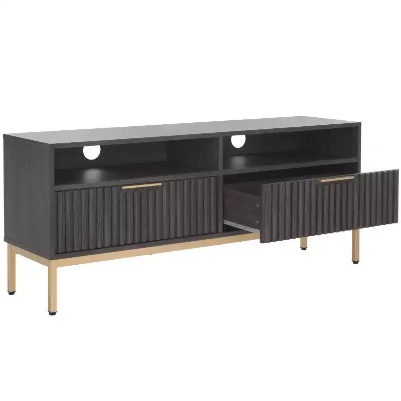 Mobile TV, Credenza Multimediale con 2 Cassetti, 2 Ripiani e Dettagli Scanalati, Noce, Adatto a TV fino a 65", 60.4"L