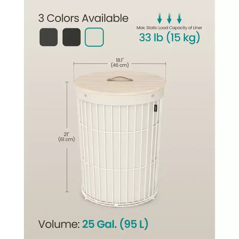 Cesto portabiancheria rotondo con coperchio da 94,6 L, fodera rimovibile, MDF, 46 cm L x 53,3 cm H