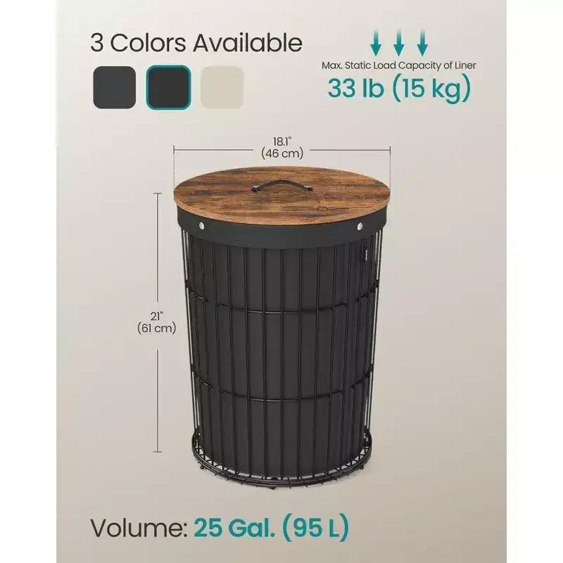 Cesto portabiancheria rotondo con coperchio da 94,6 L, fodera rimovibile, MDF, 46 cm L x 53,3 cm H