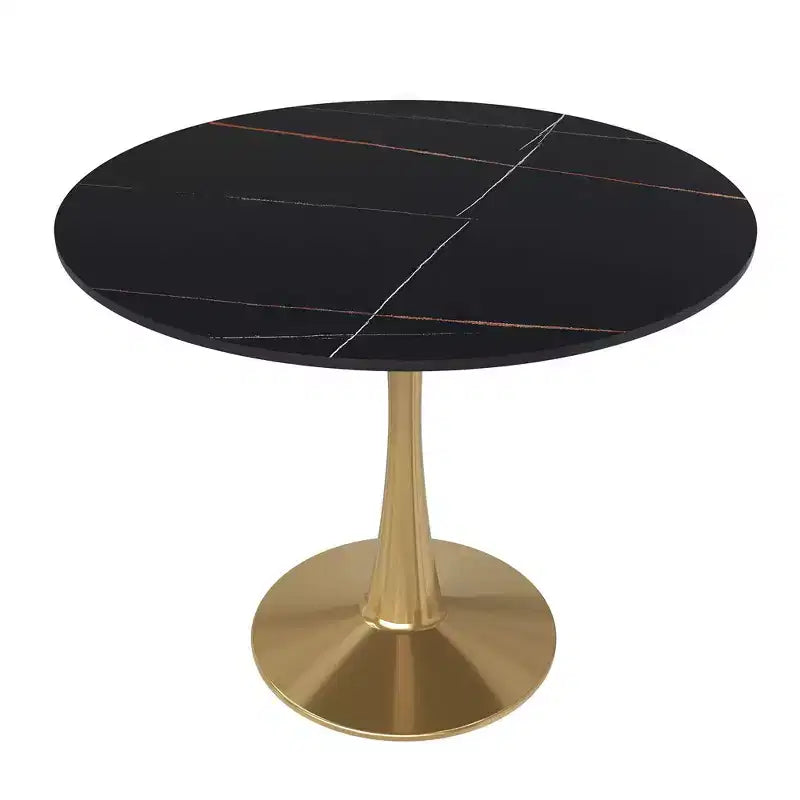 LeisureMod Bristol 31 Round Dining Table  Sintered Stone Top Accent Caf Table & Sturdy Steel Gold Pedestal Base for Kitchen and Small Spaces
