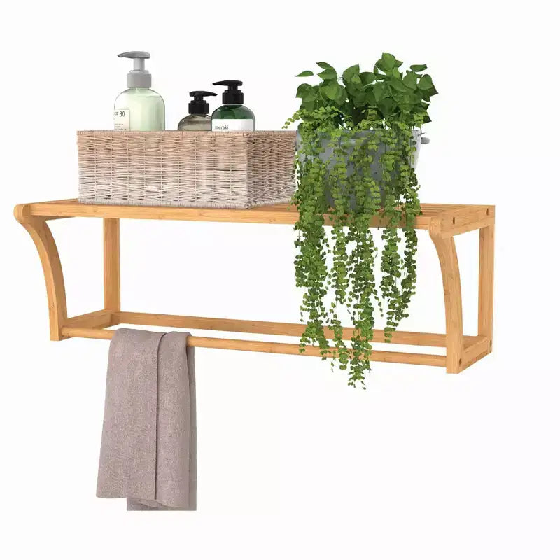 Scaffale da Parete in Bambù con Portasciugamani 4 Ripiani, 63 cm L x 108 cm H, Capacità 22,6 kg