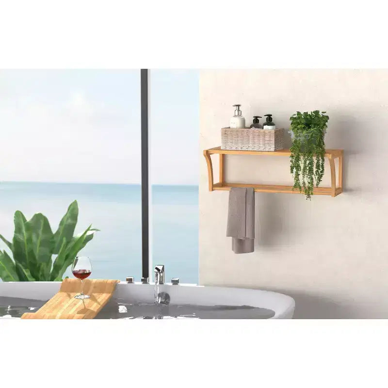 Scaffale da Parete in Bambù con Portasciugamani 4 Ripiani, 63 cm L x 108 cm H, Capacità 22,6 kg