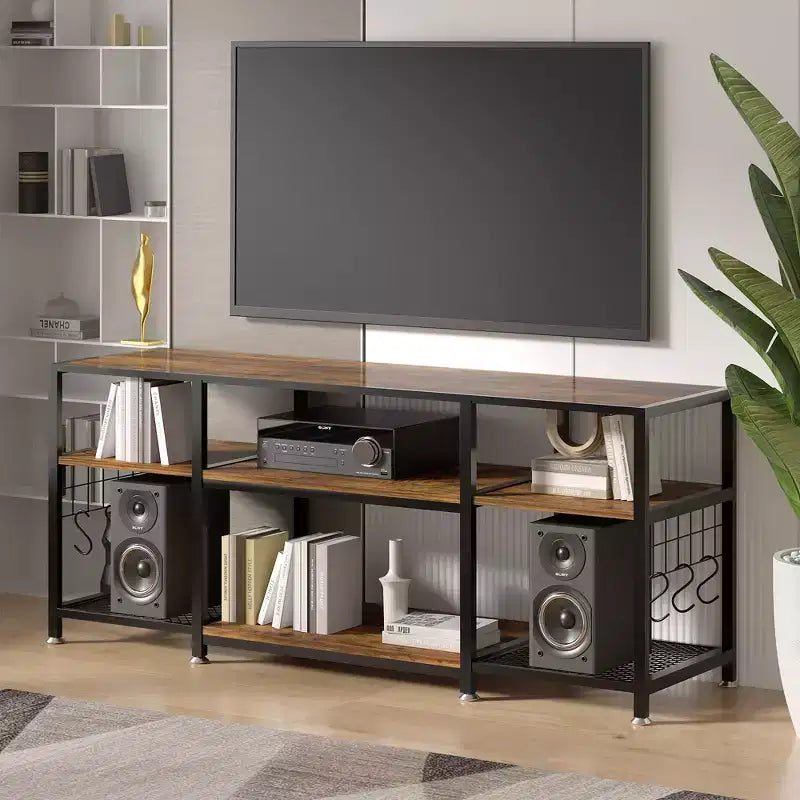 Mobile TV industriale da 65" con 3 ripiani aperti e ganci a S, per TV fino a 70", 160 cm L x 60 cm H