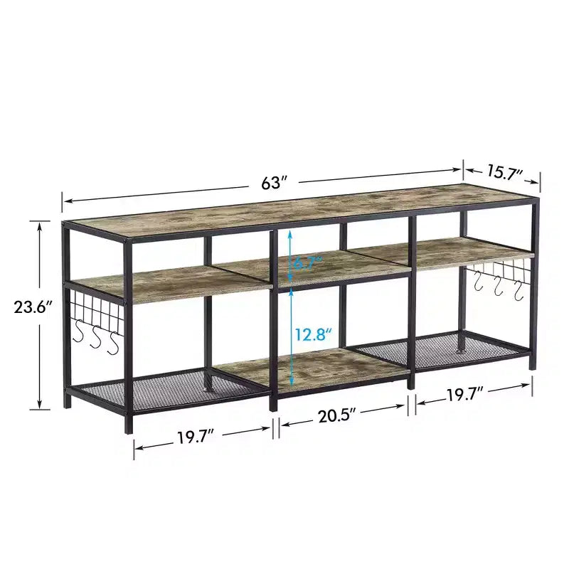 Mobile TV industriale da 65" con 3 ripiani aperti e ganci a S, per TV fino a 70", 160 cm L x 60 cm H