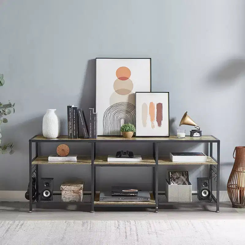 Mobile TV industriale da 65" con 3 ripiani aperti e ganci a S, per TV fino a 70", 160 cm L x 60 cm H
