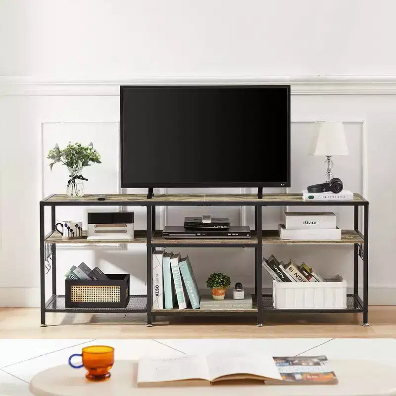 Mobile TV industriale da 65" con 3 ripiani aperti e ganci a S, per TV fino a 70", 160 cm L x 60 cm H