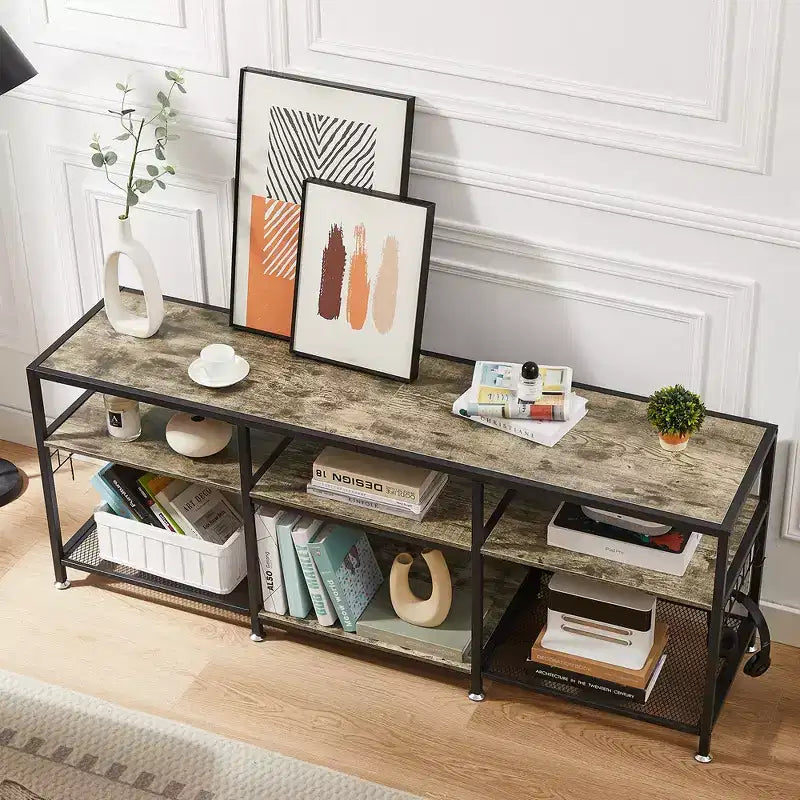 Mobile TV industriale da 65" con 3 ripiani aperti e ganci a S, per TV fino a 70", 160 cm L x 60 cm H