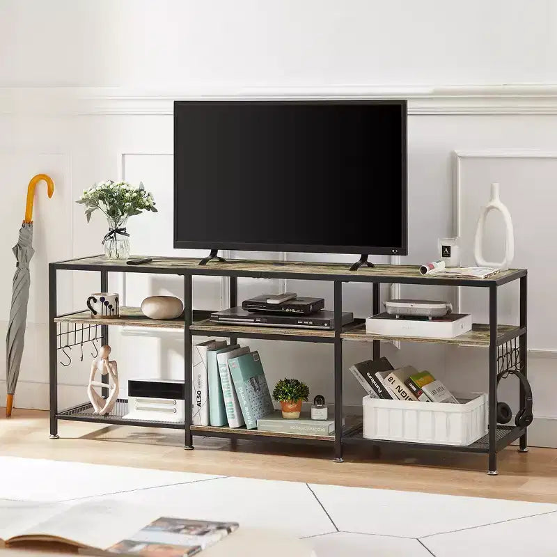 Mobile TV industriale da 65" con 3 ripiani aperti e ganci a S, per TV fino a 70", 160 cm L x 60 cm H