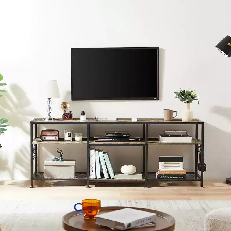 Mobile TV industriale da 65" con 3 ripiani aperti e ganci a S, per TV fino a 70", 160 cm L x 60 cm H