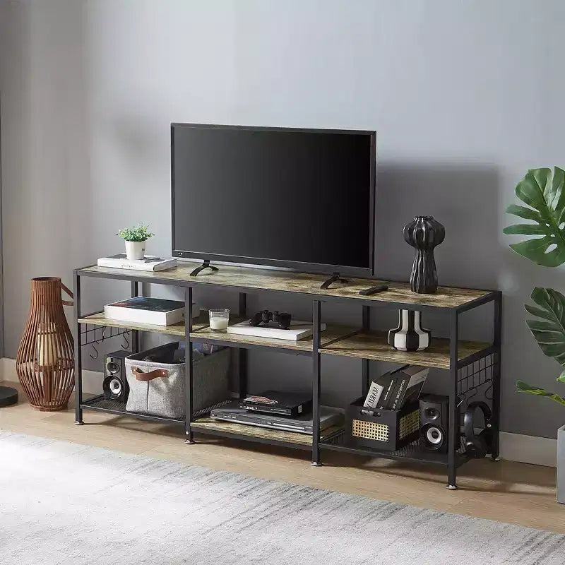 Mobile TV industriale da 65" con 3 ripiani aperti e ganci a S, per TV fino a 70", 160 cm L x 60 cm H