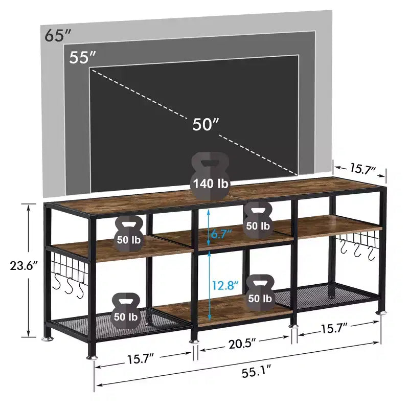 Mobile TV industriale da 65" con 3 ripiani aperti e ganci a S, per TV fino a 70", 160 cm L x 60 cm H