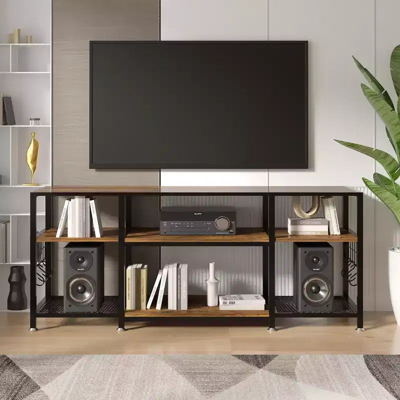 Mobile TV industriale da 65" con 3 ripiani aperti e ganci a S, per TV fino a 70", 160 cm L x 60 cm H