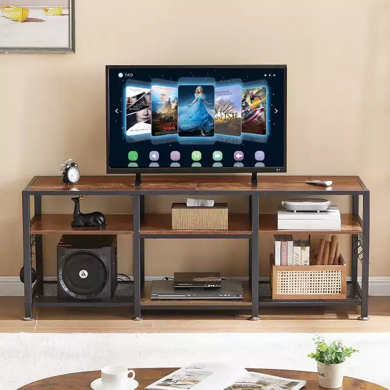 Mobile TV industriale da 65" con 3 ripiani aperti e ganci a S, per TV fino a 70", 160 cm L x 60 cm H