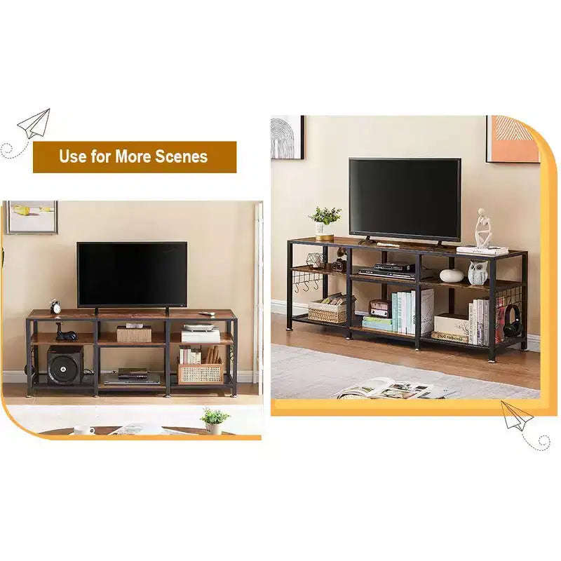 Mobile TV industriale da 65" con 3 ripiani aperti e ganci a S, per TV fino a 70", 160 cm L x 60 cm H