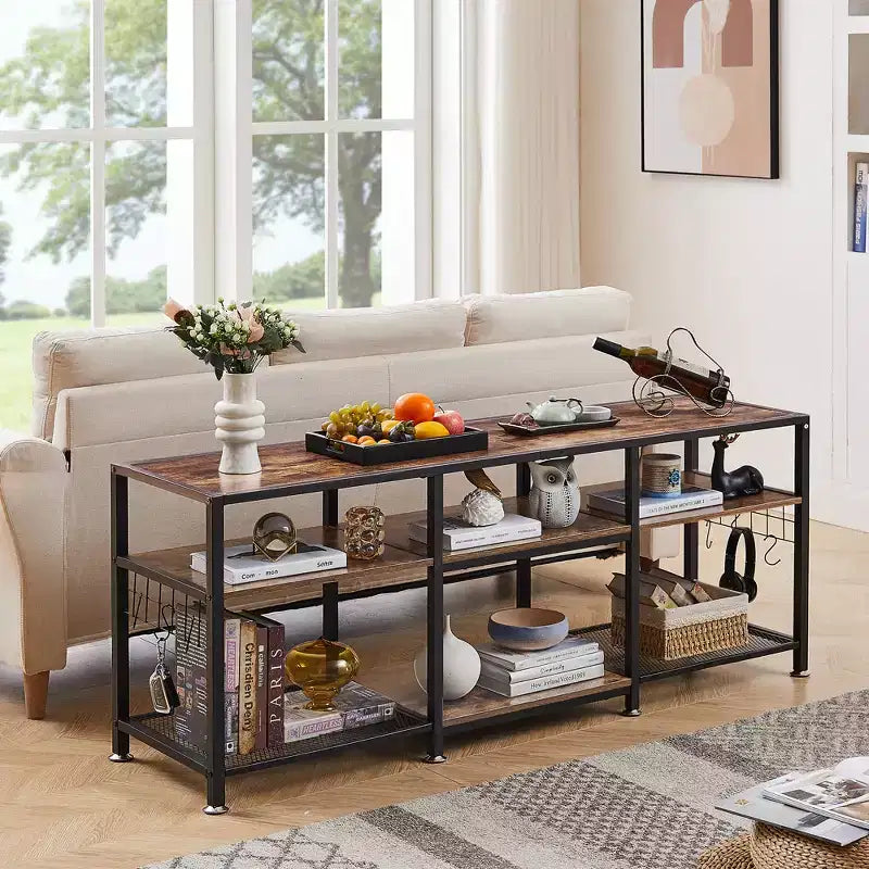 Mobile TV industriale da 65" con 3 ripiani aperti e ganci a S, per TV fino a 70", 160 cm L x 60 cm H