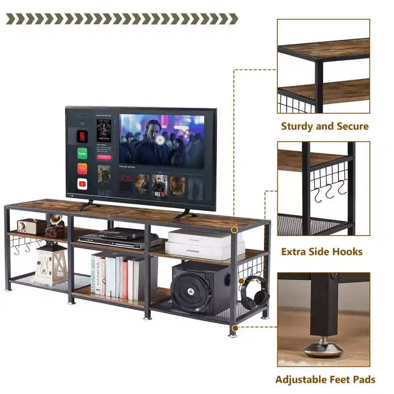 Mobile TV industriale da 65" con 3 ripiani aperti e ganci a S, per TV fino a 70", 160 cm L x 60 cm H