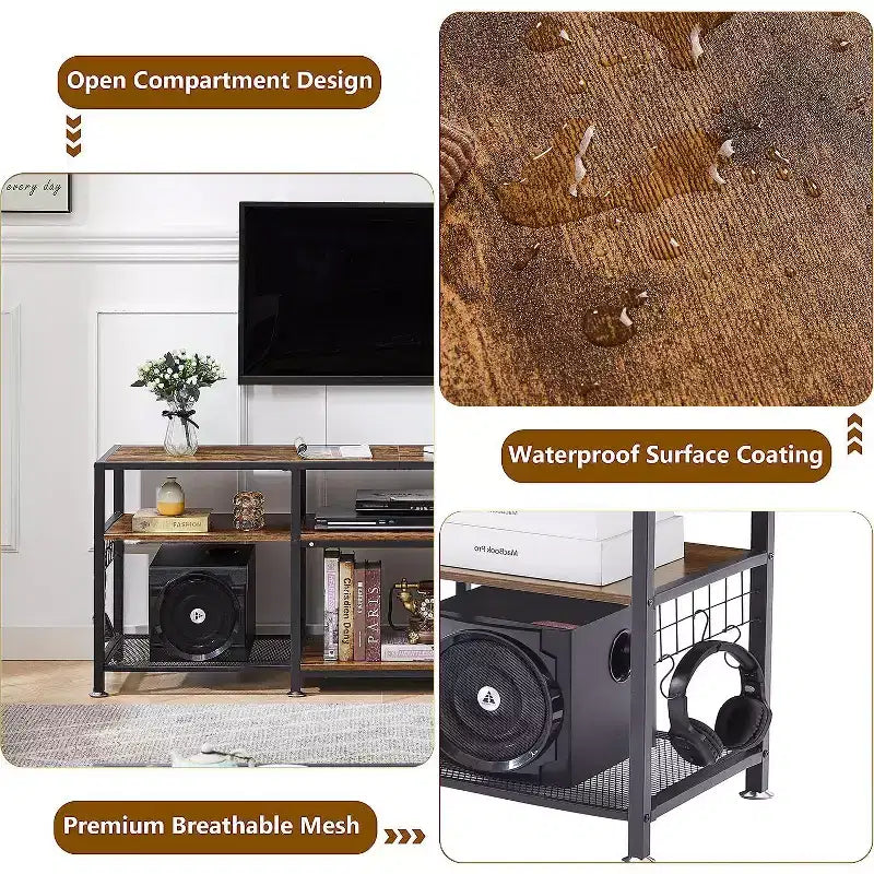 Mobile TV industriale da 65" con 3 ripiani aperti e ganci a S, per TV fino a 70", 160 cm L x 60 cm H