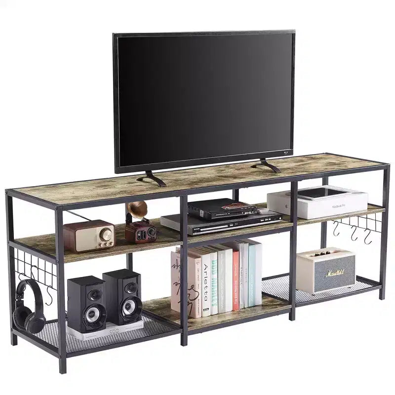 Mobile TV industriale da 65" con 3 ripiani aperti e ganci a S, per TV fino a 70", 160 cm L x 60 cm H