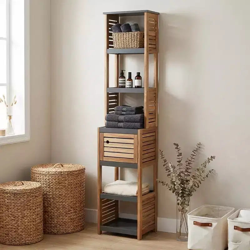 Evideco French Home Goods Bathroom Linen Storage Tower Cabinet Elements Acacia - Gray Wood