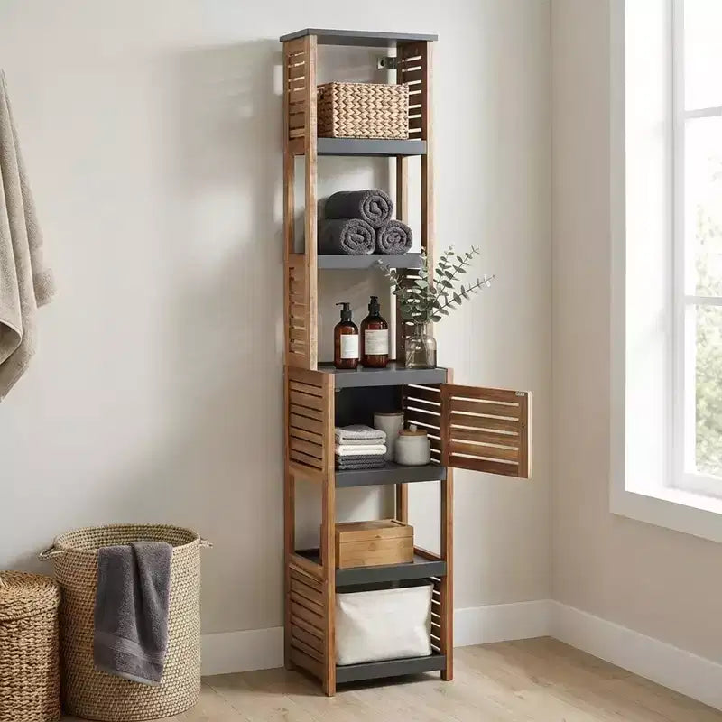 Armadietto verticale alto da bagno per la biancheria, 5 ripiani, 1 anta, in acacia e MDF, 15,3"L x 67"A