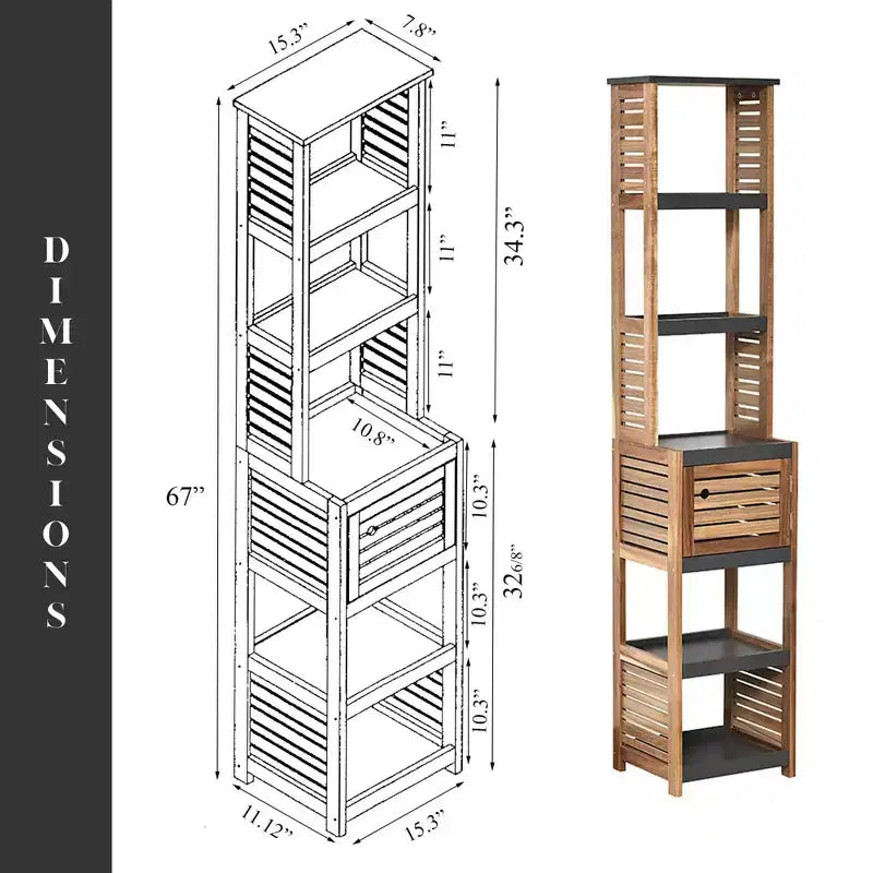 Armadietto verticale alto da bagno per la biancheria, 5 ripiani, 1 anta, in acacia e MDF, 15,3"L x 67"A