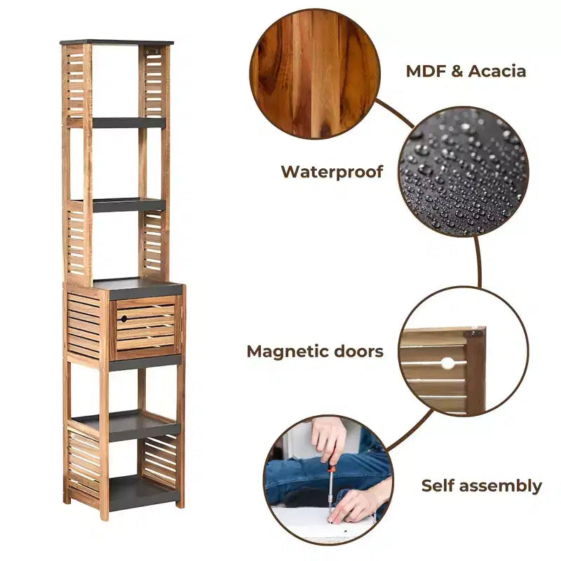 Armadietto verticale alto da bagno per la biancheria, 5 ripiani, 1 anta, in acacia e MDF, 15,3"L x 67"A