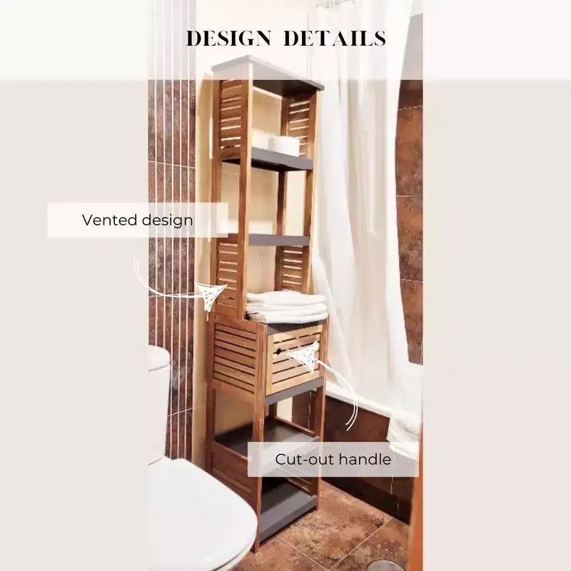 Armadietto verticale alto da bagno per la biancheria, 5 ripiani, 1 anta, in acacia e MDF, 15,3"L x 67"A
